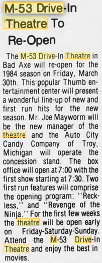 M-53 Drive-In Theatre - 29 Mar 1984 Open For Season